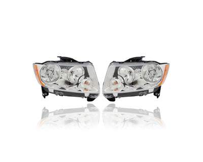 Headlight Assembly - Compatible/Replacement for '11-13 Jeep Compass - Without Leveling & Black-Trim - Pair, Left Driver + Right Passenger Set - 68088868AC, 68088869AC