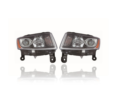 Headlight Assembly - Compatible/Replacement for '14-16 Jeep Grand Cherokee - Black - Pair, Left Driver + Right Passenger Set - 68236108AE, 68236109AE - CAPA