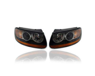 Headlight - Compatible/Replacement for '10-12 Hyundai Santa Fe - Halogen With Orange Light-Bar On Bottom, Black Bezel - Pair, Left Driver + Right Passenger Set - 921020W100, 921010W100