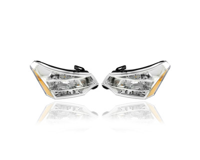 Headlight - Compatible/Replacement for '08-11 Ford Focus Sedan S/SE/SEL - Chrome Interior Bezel - Pair, Left Driver + Right Passenger Set - 8S4Z13008E, 8S4Z13008F