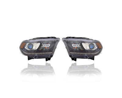 Headlight - Compatible/Replacement for '16-20 Dodge Durango SXT/GT/Limited-Only - Halogen, Black Bezel With LED Daytime Running Light - Pair, Left Driver + Right Passenger Set - 68299130AF, 68299131AE
