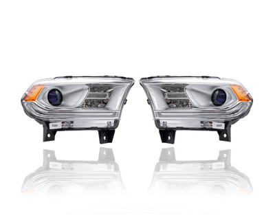 Headlight - Compatible/Replacement for '16-20 Dodge Durango SXT/GT-Only - Halogen, Chrome Bezel Without LED Daytime Running Light - Pair, Left Driver + Right Passenger Set - 68299136AD, 68299137AD