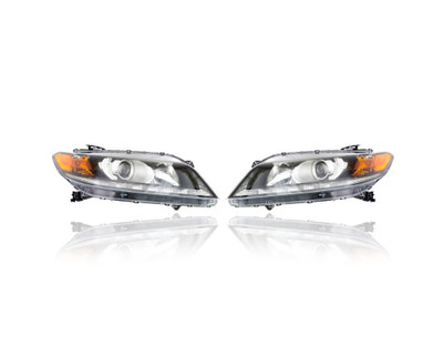 Headlight - Compatible/Replacement for '13-15 Honda Accord Coupe EXL V6/3.5L - Halogen With LED Daytime Running Light - Pair, Left Driver + Right Passenger Set - 33100T3LA01, 33150T3LA01 - CAPA