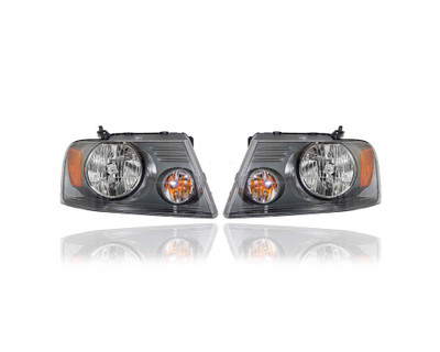 Headlight Assembly - Compatible/Replacement for '07-08 Ford F-150 Lariat/Limited - Shadow Gray Interior - Pair, Left Driver + Right Passenger Set - 7L3Z13008CA, 7L3Z13008DA