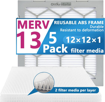 Air Filter - Furnace/HVAC/Air Condition, 12 x 12 x 1, MERV Rating 13 - 5-Pack with Reusable ABS Plastic Frame - Pleated, PET/PP Air Filter - Furnace/HVAC/Air Condition, 12 x 12 x 1, MERV Rating 13 - 5-Pack with Reusable ABS Plastic Frame - Pleated, PET/PP