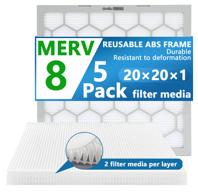 Air Filter - Furnace/HVAC/Air Condition, 20 x 20 x 1, MERV Rating 8 - 5-Pack with Reusable ABS Plastic Frame - Pleated, PET/PP Air Filter - Furnace/HVAC/Air Condition, 20 x 20 x 1, MERV Rating 8 - 5-Pack with Reusable ABS Plastic Frame - Pleated, PET/PP