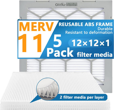 Air Filter - Furnace/HVAC/Air Condition, 12 x 12 x 1, MERV Rating 11 - 5-Pack with Reusable ABS Plastic Frame - Pleated, PET/PP Air Filter - Furnace/HVAC/Air Condition, 12 x 12 x 1, MERV Rating 11 - 5-Pack with Reusable ABS Plastic Frame - Pleated, PET/PP