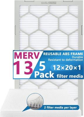 Air Filter - Furnace/HVAC/Air Condition, 20 x 12 x 1, MERV Rating 13 - 5-Pack with Reusable ABS Plastic Frame - Pleated, PET/PP Air Filter - Furnace/HVAC/Air Condition, 20 x 12 x 1, MERV Rating 13 - 5-Pack with Reusable ABS Plastic Frame - Pleated, PET/PP