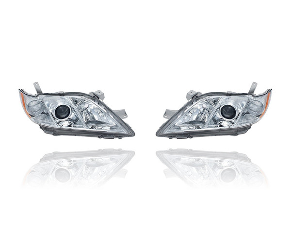 Headlight - Compatible/Replacement for '07-09 Toyota Camry Base/CE/LE/XLE (Japan Built) - Chrome Bezel - Pair, Left Driver + Right Passenger Set - 8113033652, 8117033652