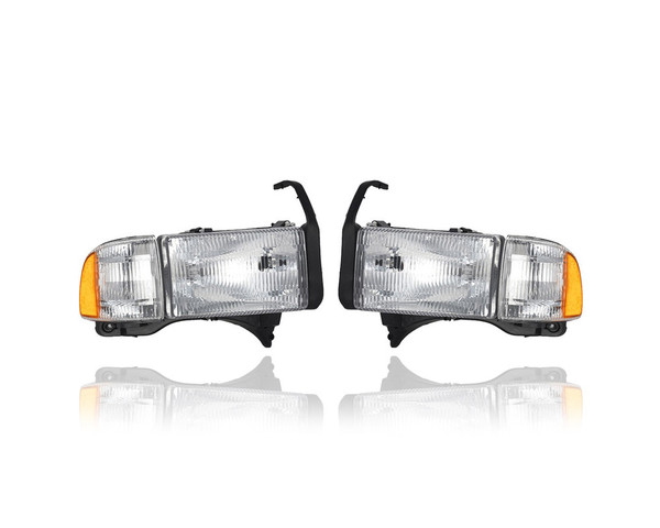 Headlight Assembly - Compatible/Replacement for '94-02 Dodge Pickup - With Parking Signal Corner Lamp & Brackets - Pair, Left Driver + Right Passenger Set - 55076748AD, 55076749AD CAPA