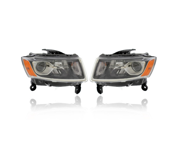 Headlight Assembly - Compatible/Replacement for '14-16 Jeep Grand Cherokee - Standard Halogen, Chrome - Pair, Left Driver + Right Passenger Set - 68110996AF, 68110997AF