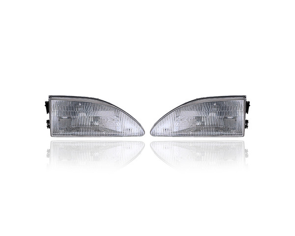 Headlight Assembly - Compatible/Replacement for '94-98 Ford Mustang Base/GT - Halogen Crystal Fresnel Lens - Pair, Left Driver + Right Passenger Set - F4ZZ13008E, F4ZZ13008F - CAPA