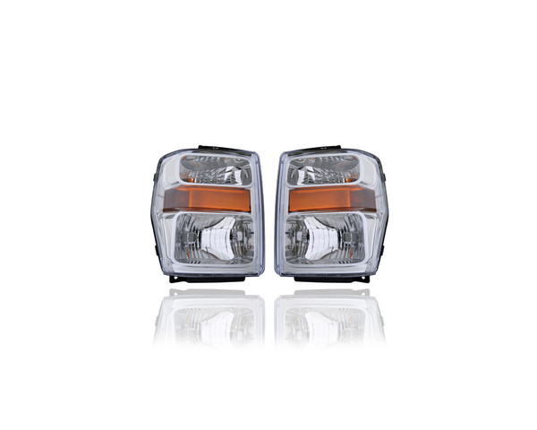 Headlight Assembly - Compatible/Replacement for '08-10 Ford F-250 SD/350 SD - Halogen, Composite Chrome Interior Bezel - Pair, Left Driver + Right Passenger Set - 7C3Z13008AA, 7C3Z13008BA - CAPA
