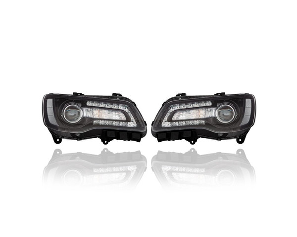 Headlight Assembly - Compatible/Replacement for '18-21 Chrysler 300 - Halogen, Projector, Black Bezel - Pair, Left Driver + Right Passenger Set - 68402948AA, 68402949AA - CAPA