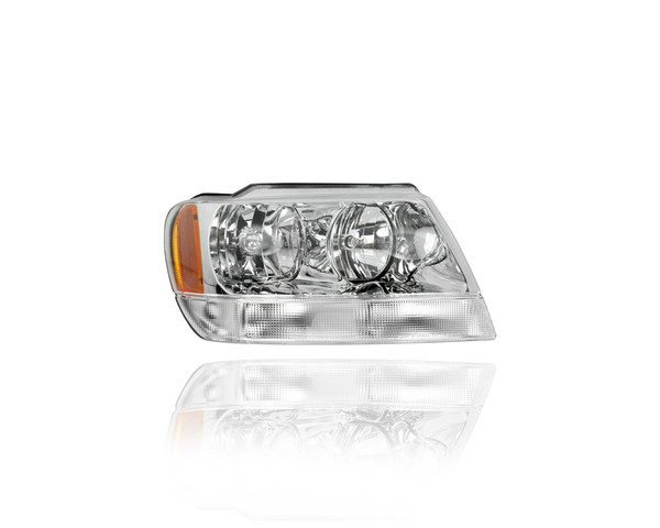 Headlight Assembly - Compatible/Replacement for '99-04 Jeep Grand Cherokee Limited/Overland - Chrome Bezel With Clear Signal, Lamp On Bottom - Right Hand - Passenger - 55155552AI