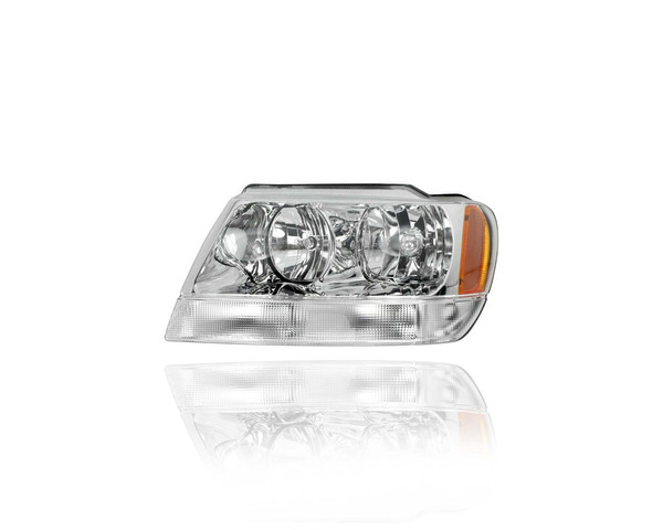 Headlight Assembly - Compatible/Replacement for '99-04 Jeep Grand Cherokee Limited/Overland - Chrome Bezel With Clear Signal, Lamp On Bottom - Left Hand - Driver - 55155553AI