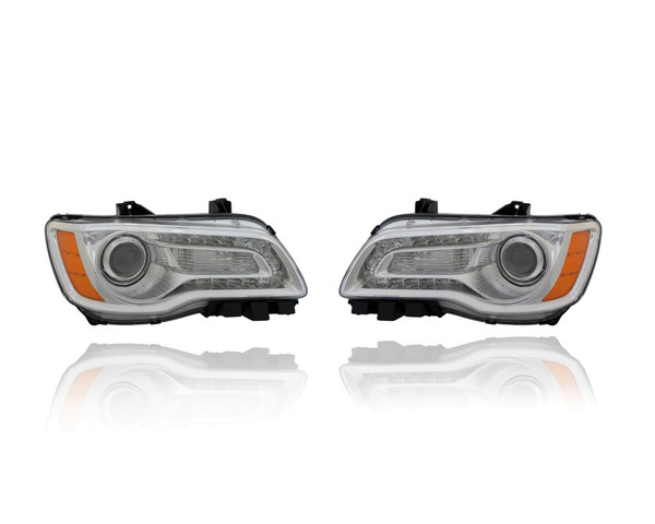 Headlight Assembly For 11-14 Chrysler 300-Base/C/Limited - Halogen, Chrome Bezel Type 1, Exclude HID - Pair, Left Driver + Right Passenger Set - 68143002AC, 68143003AC