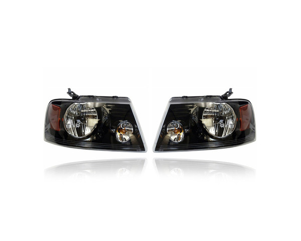 Headlight - Compatible/Replacement for '06-08 Ford F-150 Lariat/Harley Davidson - Black - Pair, Left Driver + Right Passenger Set - 7L3Z13008EA, 7L3Z13008HA - CAPA
