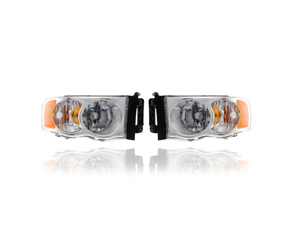 Headlight - Compatible/Replacement for '04-05 Dodge RAM Pickup 1500/2500/3500 - Halogen, Chrome Interior - Pair, Left Driver + Right Passenger Set - 55077120AG, 55077121AG - CAPA