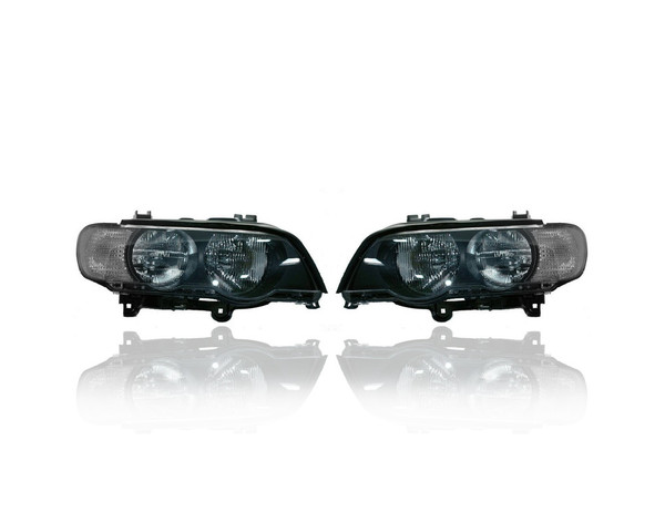 Headlight - Compatible/Replacement for '00-03 BMW X5 - Halogen With White Turn Indicator, - Pair, Left Driver + Right Passenger Set - 63126930216, 63126930215