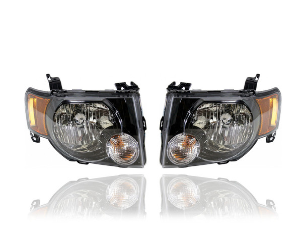 Headlight - Compatible/Replacement for '09-12 Ford Escape XLT - Halogen, Black Interior Bezel - Pair, Left Driver + Right Passenger Set - 9L8Z13008A, 9L8Z13008B - CAPA