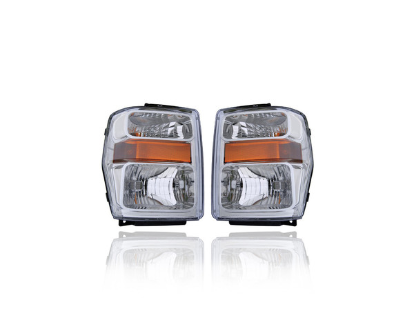 Headlight Assembly - Compatible/Replacement for '08-10 Ford F-250/350 Super-Duty - Halogen, Composite Type, Chrome Interior Bezel - Pair, Left Driver + Right Passenger Set - 7C3Z13008AA, 7C3Z13008BA