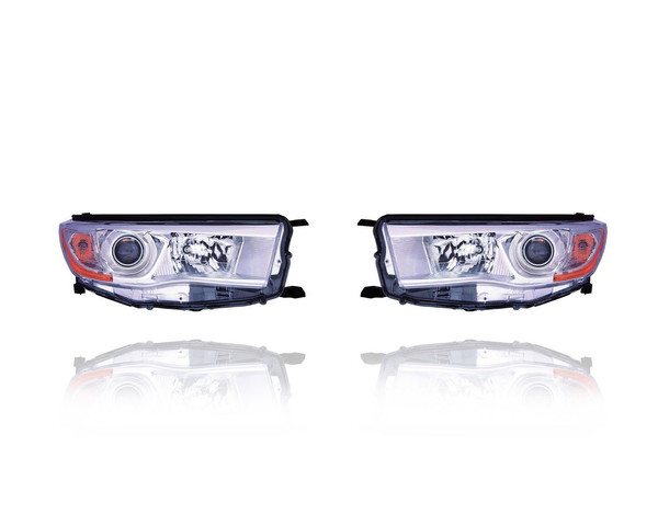 Headlight Assembly For 14-16 Toyota Highlander/Hybrid-LE/LE-Plus/XLE - White Chrome Bezel - Pair, Left Driver + Right Passenger Set - 811100E180, 811500E180
