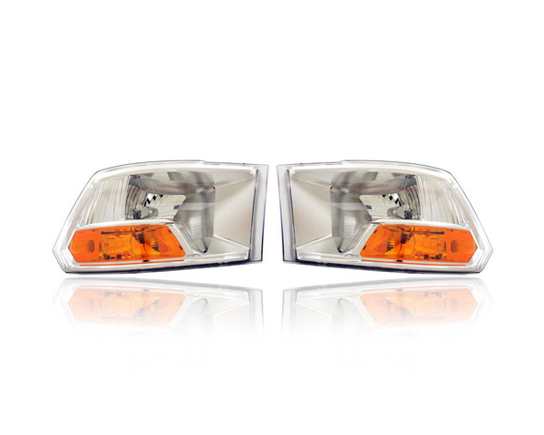 Headlight Assembly Compatible/Replacement for '09-12 Dodge/RAM Pickup 1500, 10-12 2500/3500 ST/SLT Dual-Lamp Chrome Interior, Halogen Pair, Left Driver + Right Passenger Set 55277410AG 55277409AG CAPA