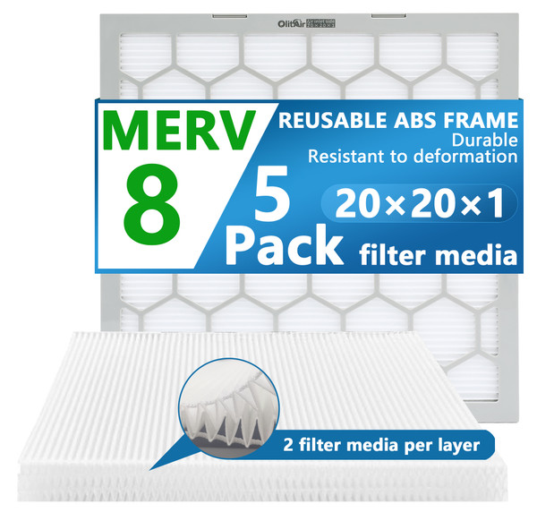 Air Filter -  Furnace/HVAC/Air Condition, 20 x 20 x 1, MERV Rating 8 - 5-Pack with Reusable ABS Plastic Frame - Pleated, PET/PP