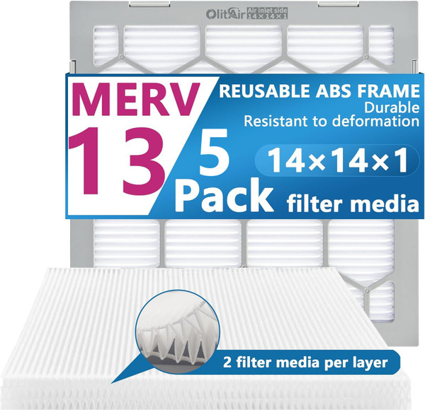 Air Filter -  Furnace/HVAC/Air Condition, 14 x 14 x 1, MERV Rating 13 - 5-Pack with Reusable ABS Plastic Frame - Pleated, PET/PP