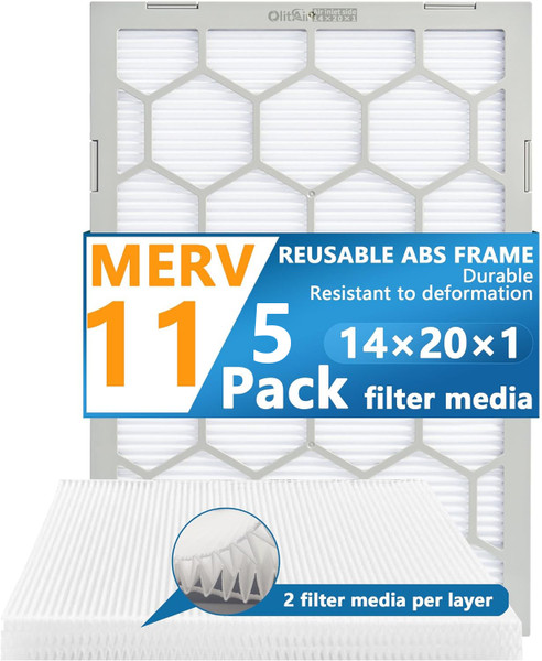 Air Filter - Furnace/HVAC/Air Condition, 20 x 14 x 1, MERV Rating 11 - 5-Pack with Reusable ABS Plastic Frame - Pleated, PET/PP