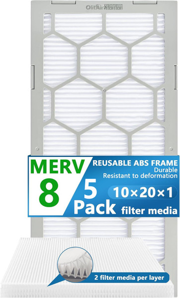 Air Filter - Furnace/HVAC/Air Condition, 20 x 10 x 1, MERV Rating 8 - 5-Pack with Reusable ABS Plastic Frame - Pleated, PET/PP