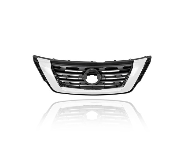 Grille - Compatible/Replacement for '17-20 Nissan Pathfinder S/SV - Chrome Frame, Black Insert Without Camera Hole, 623109PF1A