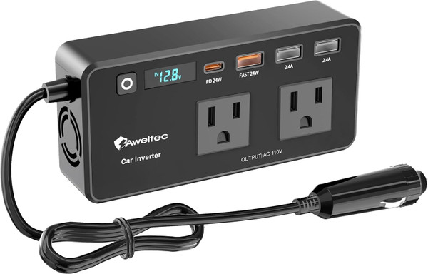 200W Car Power Inverter, 12V DC to 110V AC Converter with LED Display, 4 USB Ports for Laptop, Tablet and Phone