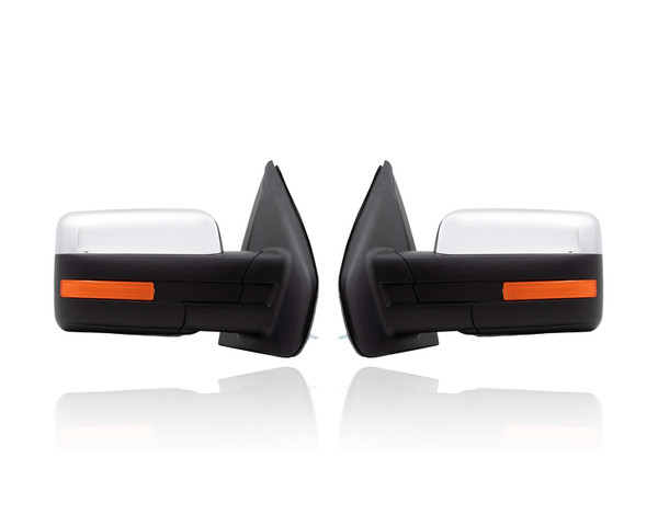 Door Mirror Replacement for 09-10 Ford F-150 - Power With Signal/Memory, Without Puddle, Non-Extendable Manual-Folding Chrome, Pair, Left Driver + Right Passenger Set, 9L3Z17682GA, 9L3Z17683GA
