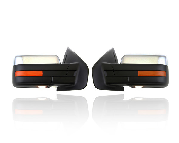 Door Mirror Compatible/Replacement for '09-10 Ford F-150 - Power With Signal/Puddle/Memory, Non-Extendable, Power-Folding Chrome, Pair, Left Driver + Right Passenger Set, 9L3Z17682EB, 9L3Z17683EB