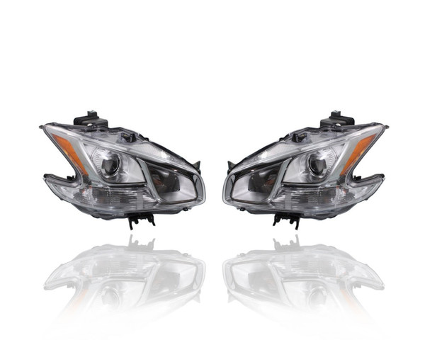 Headlight Assembly - Compatible/Replacement for '09-14 Nissan Maxima S-Model Only - Halogen Type, Chrome Bezel - Pair, Left Driver + Right Passenger Set - 260109N00A, 260609N00A - CAPA