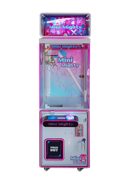 Front view of the Mini Mighty claw machine featuring a compact design with LED lighting and arcade-style glass paneling