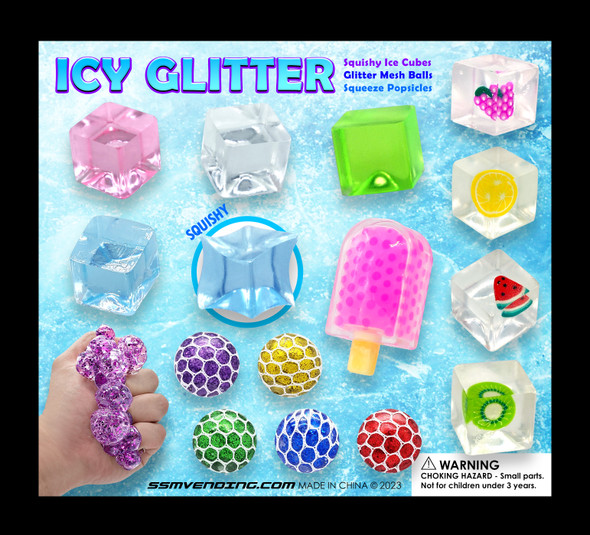 Icy Glitter Toys Mix 2"Capsules showing array of possible products in the mix
