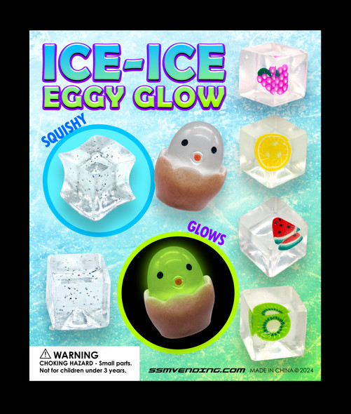 Ice & Eggs Mix toys display card, showing an array of typical toys in the mix, either squishy ice cubes or glowing eggs with faces