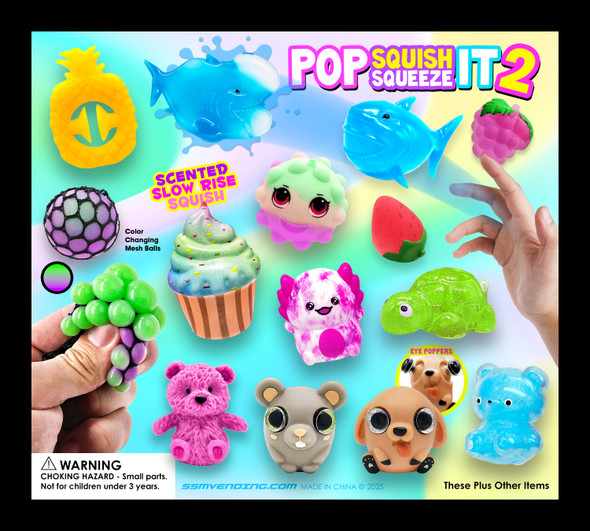 display card showing sample variety of toys included in the Pop Squish Squeeze Mix in 2-inch capsules.