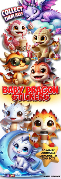Baby Dragon Stickers front of display showing designs in the mix