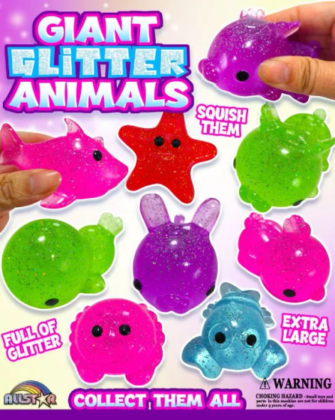 Jumbo Glitter Squishy Animals display showing types of animals