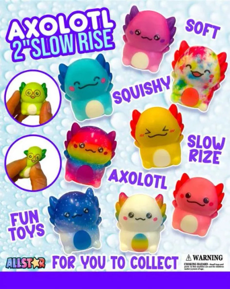 Squish Me Slow Axolotls display card illustrating the toys in the mix
