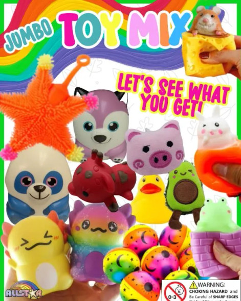 Jumbo Toy Mix 4"Capsules (195ct) showing the types of toys in the mix