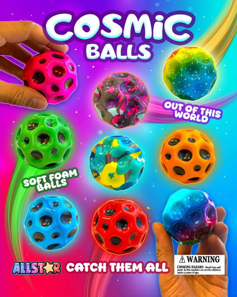 Galactic Squeezie Balls display showing the style of toys in the mix