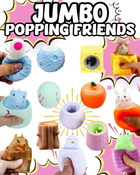 Bulk (No Capsule) Jumbo Popping Friends (2-2.5"/120pcs) showing the types of toys and containers in the mix