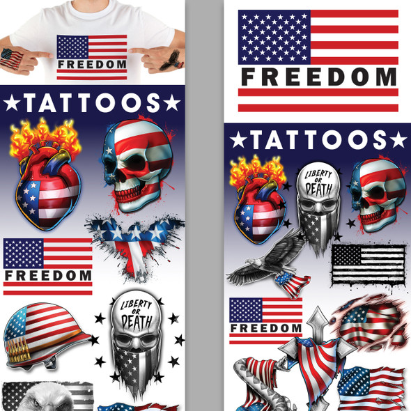 upper part of the display card showing the Ye Olde Red, White & Blue Patriotic Tattoos designs