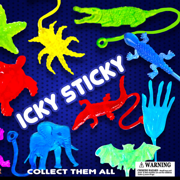 Icky Sticky display card showing types of toys in the mix