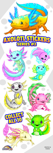 Axolotls  display card showing types of stickers in the mix